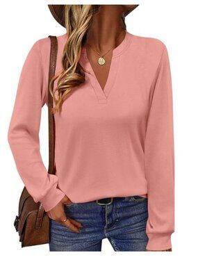 TICTICMIMI V Neck Tops Long Sleeve Henley Shirts Casual Tunic Blouse
